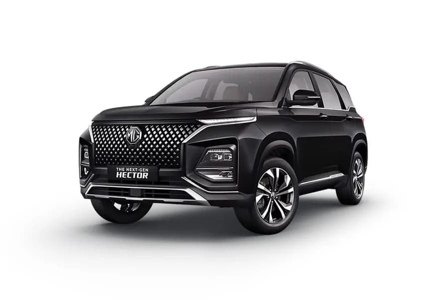 MG Hector Style 5Str SUV Petrol car front three-quarter view India 2026 price mileage safety specs side by side car comparison vs Tata Motors Harrier AiCarAdvisor